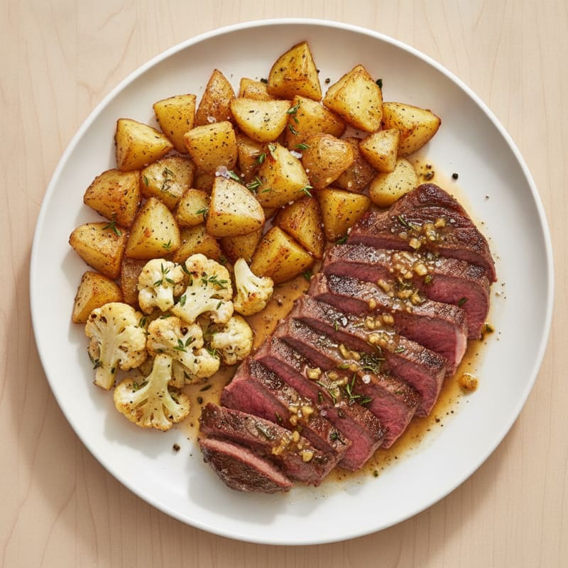 Garlic Herb Steak with Roasted Potatoes and Cauliflower