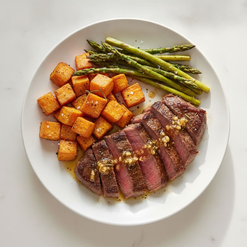 Garlic Steak with Roasted Sweet Potatoes