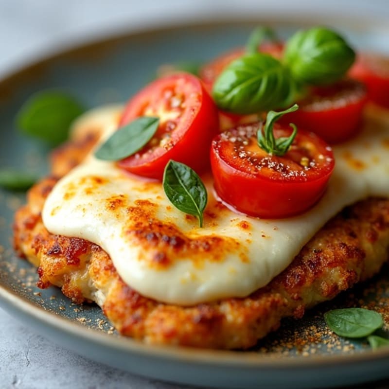 Crispy Baked Chicken with Melted Mozzarella, Roasted Tomatoes, and Fresh Basil