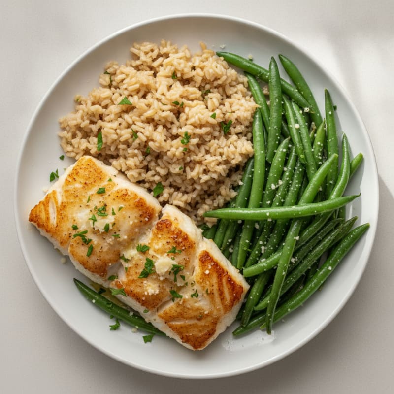 Seared Cod with Steamed Green Beans and Herbed Brown Rice
