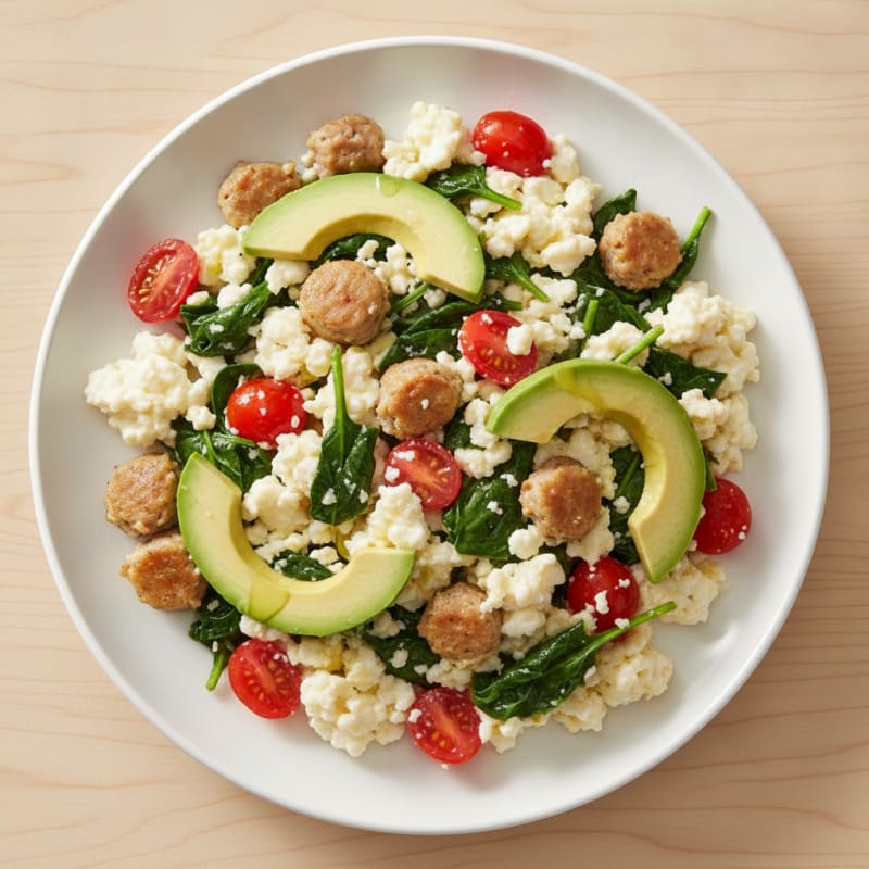 Egg White and Turkey Sausage Scramble with Spinach and Tomatoes