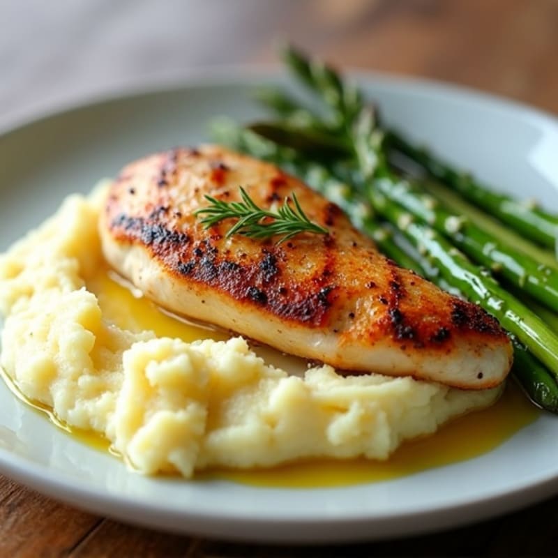 Pan-Seared Chicken Breast with Buttery Garlic Mashed Potatoes and Roasted Asparagus
