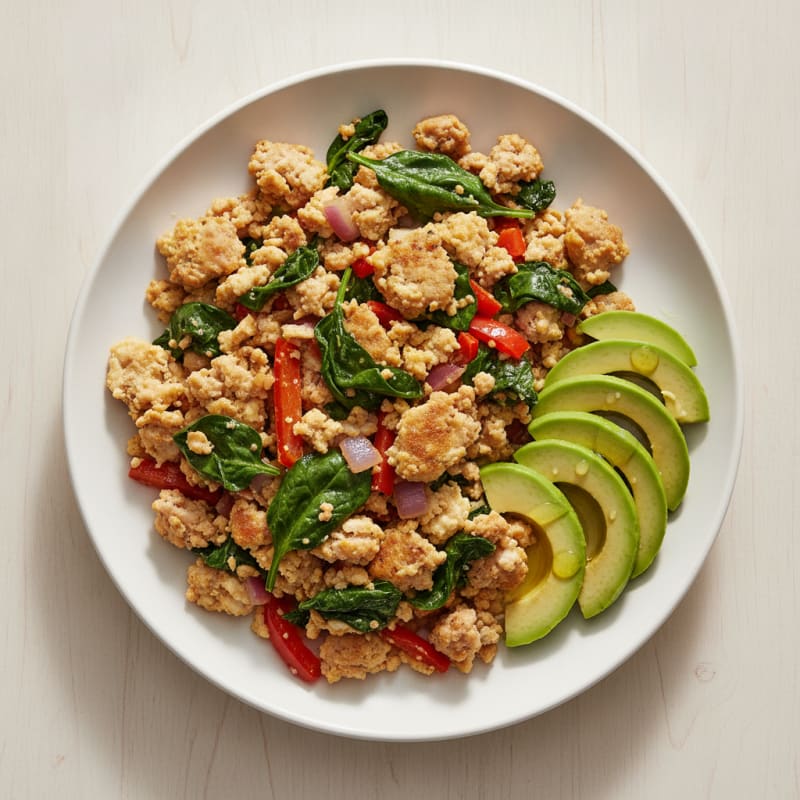 Egg White and Turkey Sausage Scramble with Sautéed Spinach