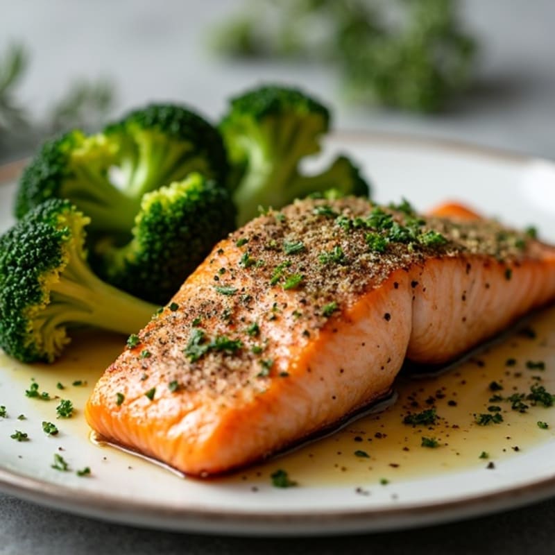 Herb-Crusted Pan Seared Salmon with Roasted Broccoli