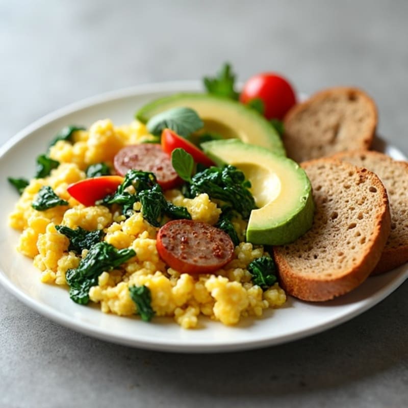 Egg White Scramble with Turkey Sausage and Sautéed Spinach