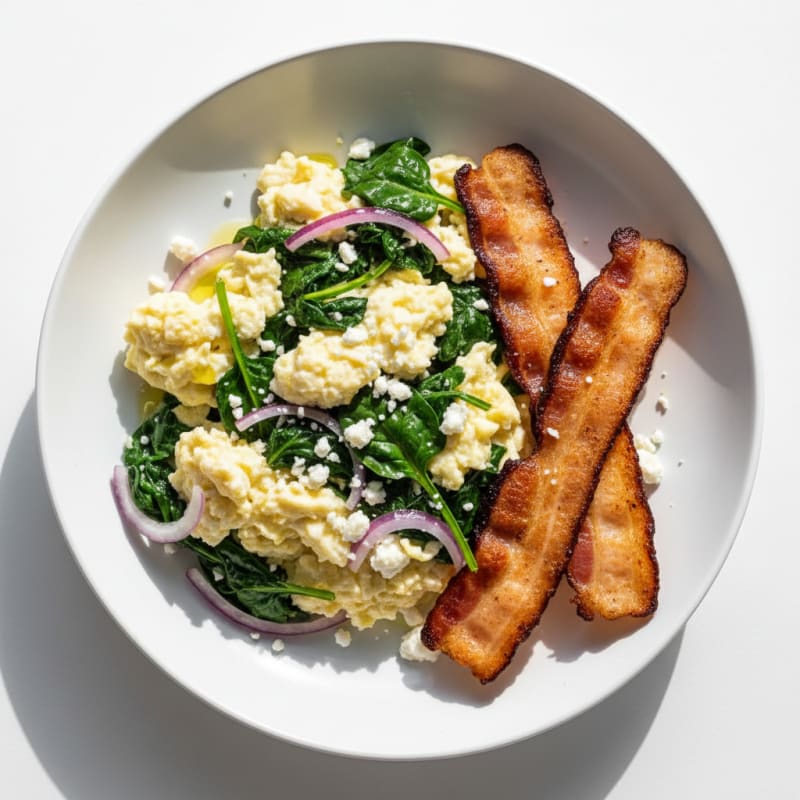 Egg White Spinach Scramble with Grilled Turkey Bacon