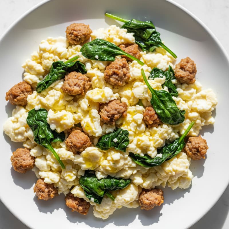Egg White Scramble with Turkey Sausage and Sautéed Spinach