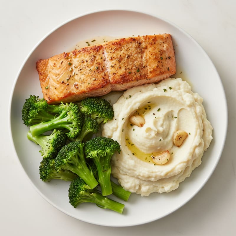 Seared Salmon with Steamed Broccoli and Garlic Cauliflower Mash