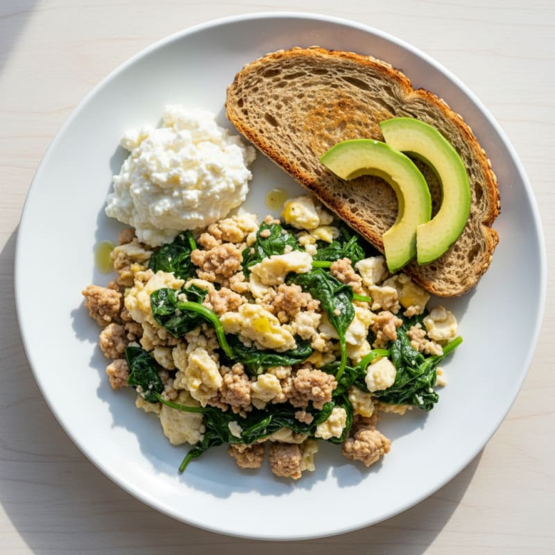 Egg White and Turkey Spinach Scramble with Cottage Cheese