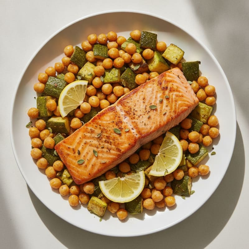 Seared Salmon Fillet with Roasted Zucchini and Chickpeas