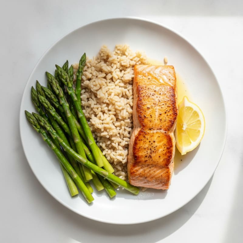 Seared Salmon with Steamed Asparagus and Brown Rice