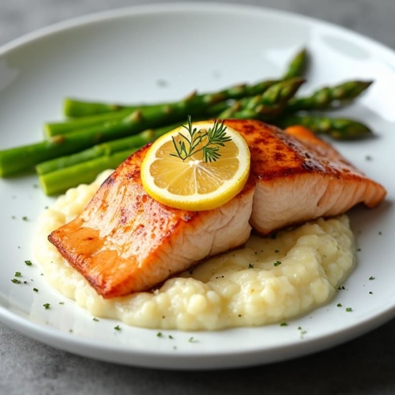 Seared Salmon with Steamed Asparagus and Cauliflower Mash