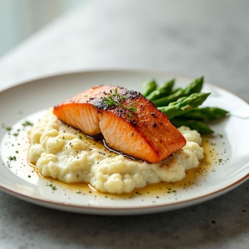 Seared Salmon with Steamed Asparagus and Garlic Cauliflower Mash