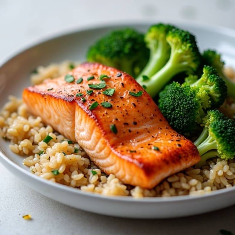 Seared Salmon with Steamed Broccoli and Brown Rice