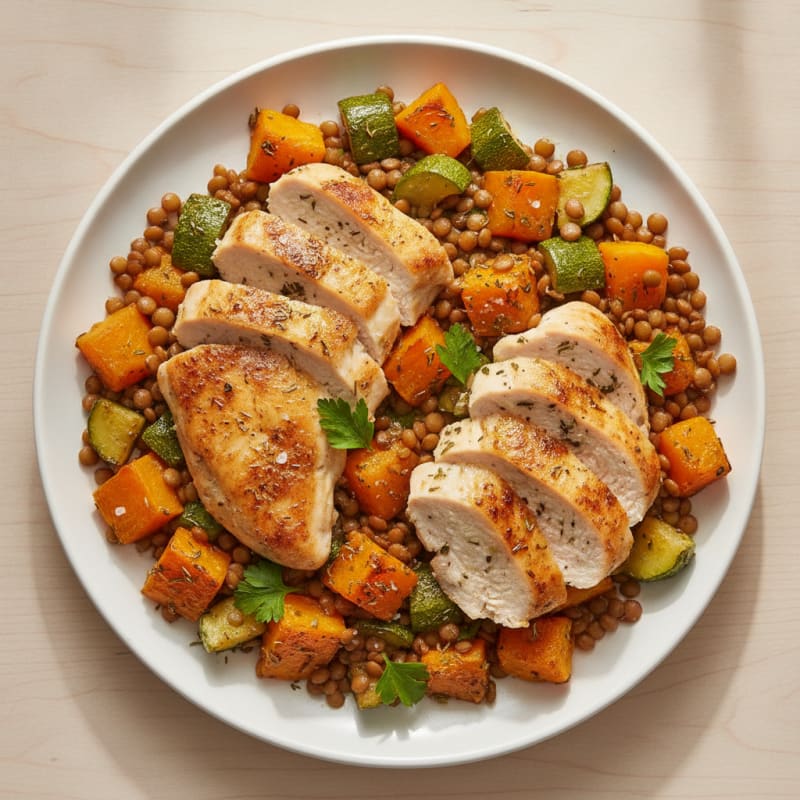 Roasted Chicken and Pumpkin with Lentils
