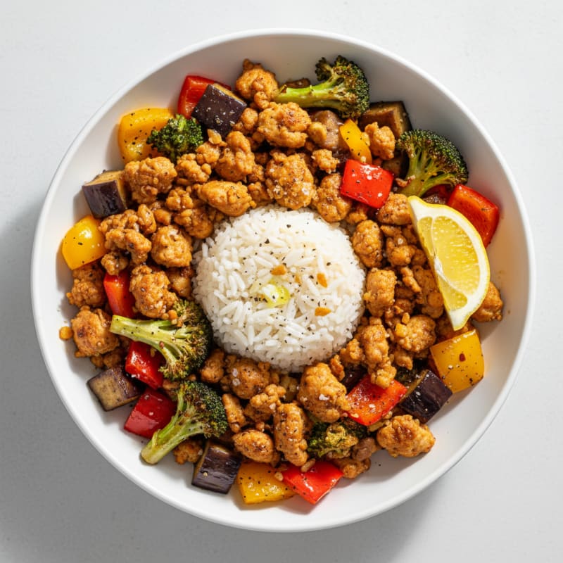 Garlic Chicken and Roasted Vegetable Rice Bowl