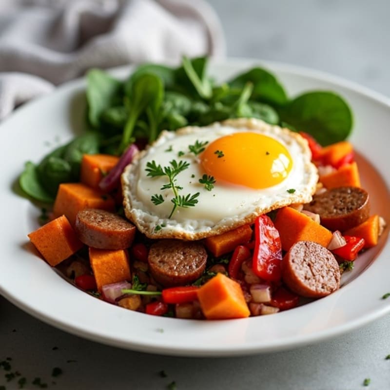 Savory Sweet Potato Hash with Chicken Sausage and Eggs