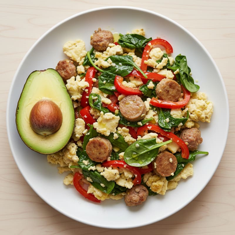 Egg White and Turkey Sausage Scramble with Spinach and Bell Peppers