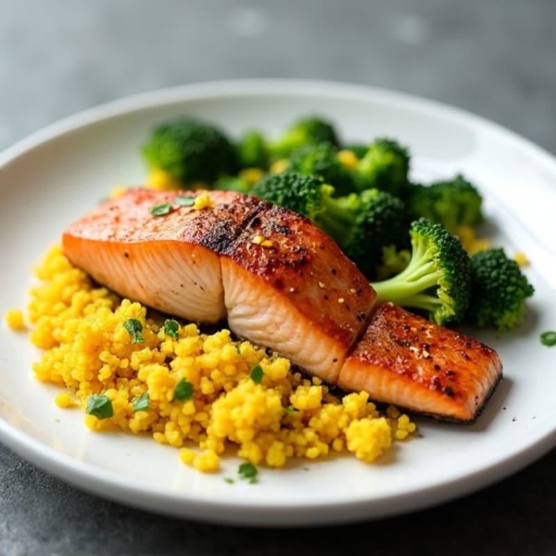 Seared Salmon with Garlic Broccolini and Turmeric Cauliflower Rice