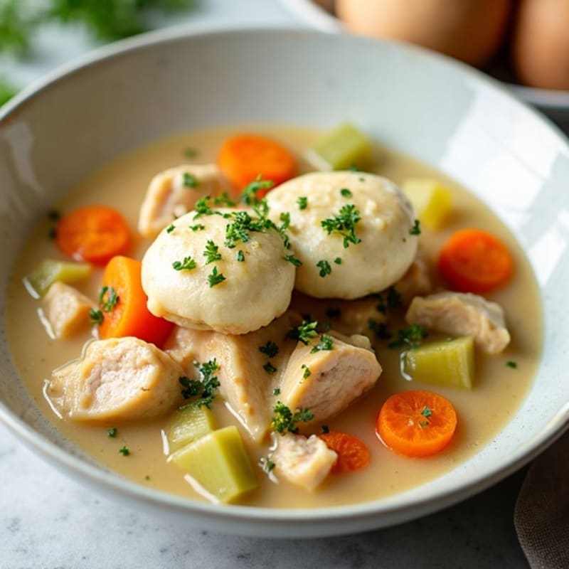 Creamy Chicken and Vegetable Stew with Fluffy Herb Dumplings