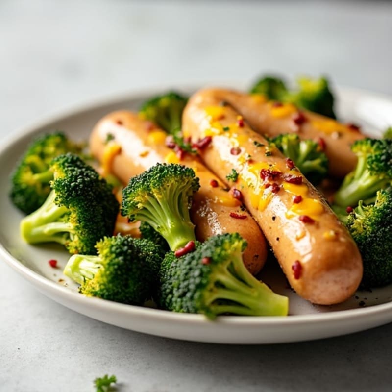 Lean Chicken Sausage with Creamy Cheesy Sauce and Crispy Roasted Pretzel-Spiced Broccoli