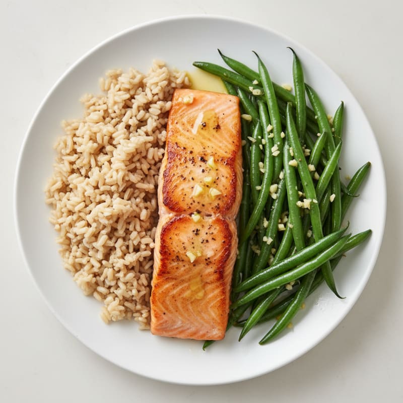 Seared Salmon Fillet with Garlic Green Beans and Brown Rice