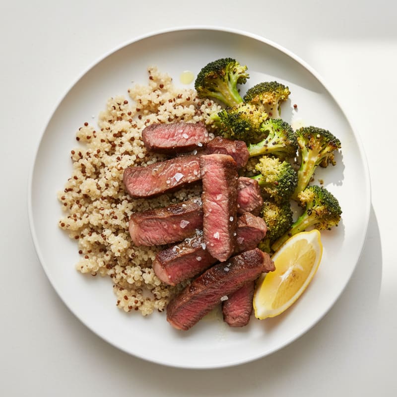 Seared Lean Beef Strips with Roasted Broccoli and Quinoa