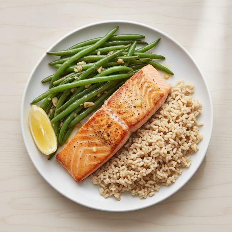 Seared Salmon with Garlic Green Beans and Brown Rice