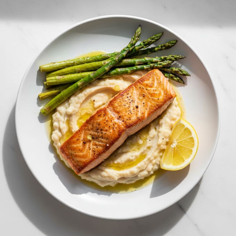 Seared Salmon Fillet with Creamy White Bean Mash and Asparagus