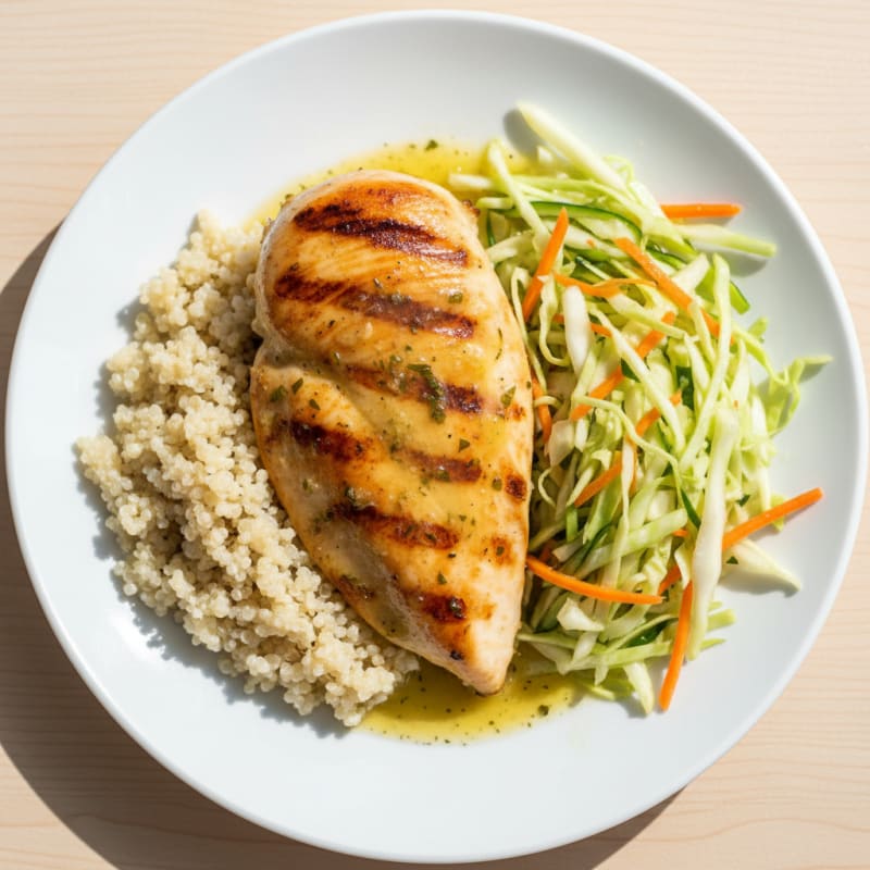 Grilled Chicken Breast with Crunchy Cabbage Slaw and Quinoa