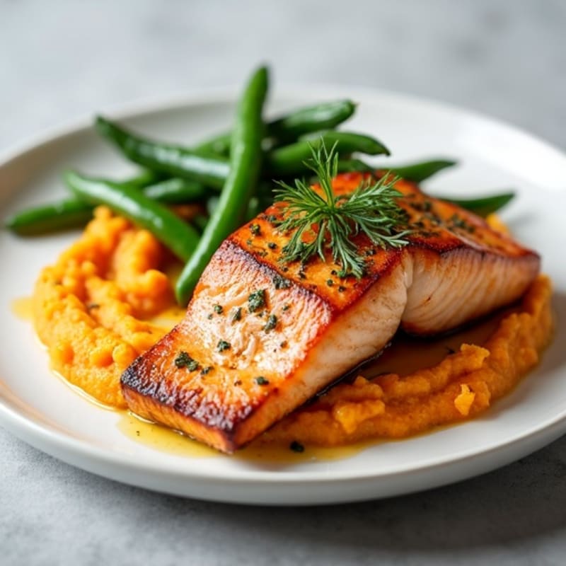 Seared Salmon with Garlic Green Beans and Sweet Potato Mash