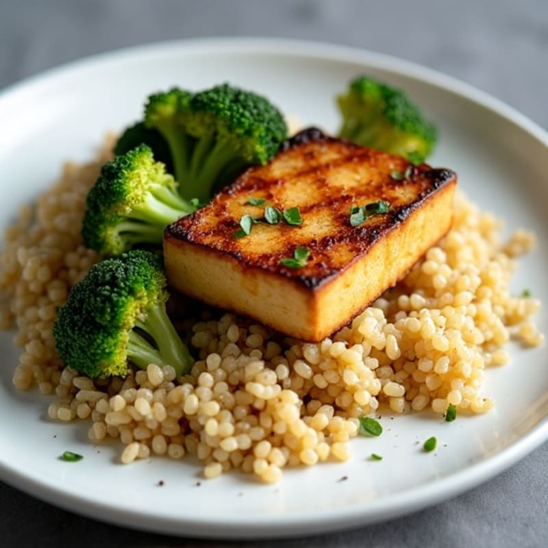 Grilled Tofu Steak with Roasted Broccoli and Quinoa
