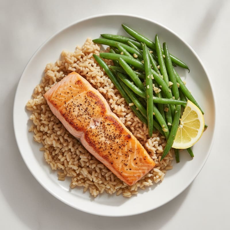 Seared Salmon with Lemon Garlic Green Beans and Brown Rice
