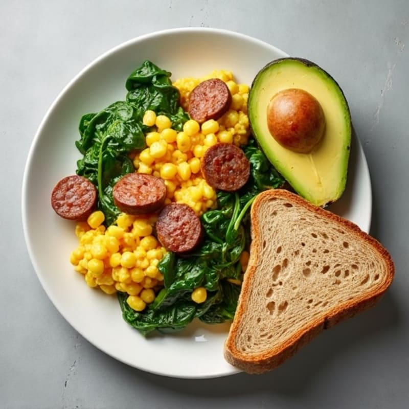 Egg White and Turkey Sausage Scramble with Sautéed Spinach