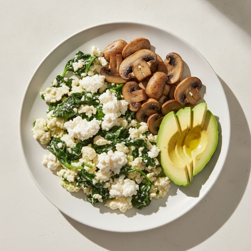 Egg White and Spinach Scramble with Cottage Cheese and Sautéed Mushrooms