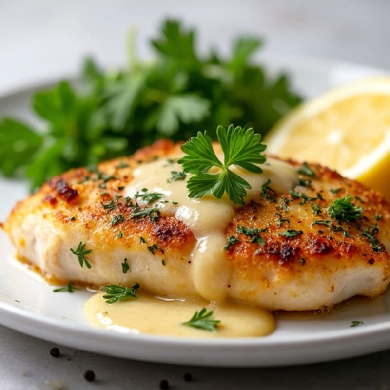 Herb-Crusted Pan Seared Chicken with Lemon Garlic Sauce
