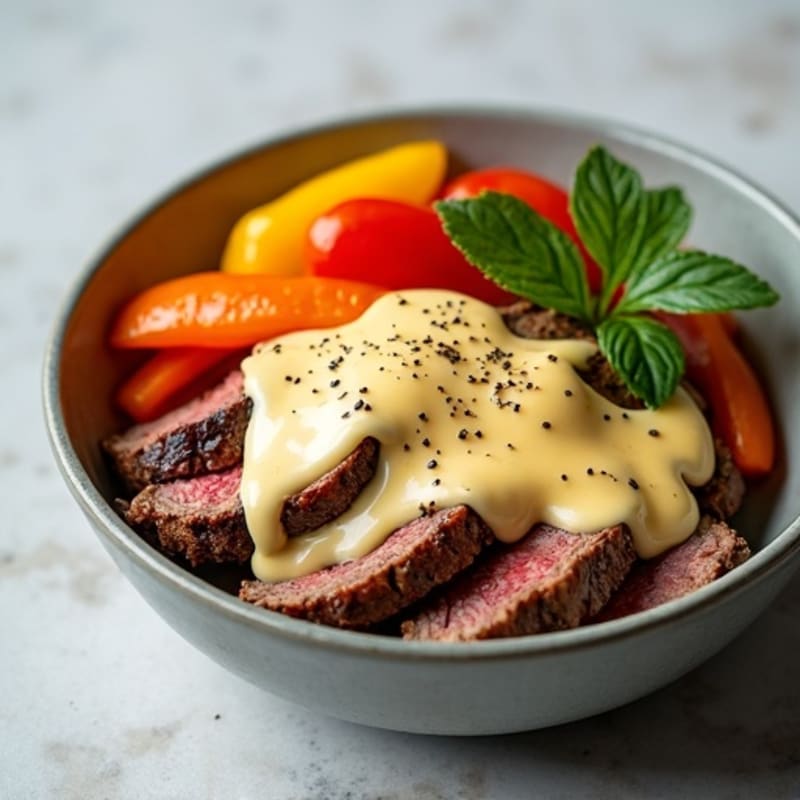 Lean Steak and Sautéed Bell Pepper Bowl with Creamy Cheese Sauce