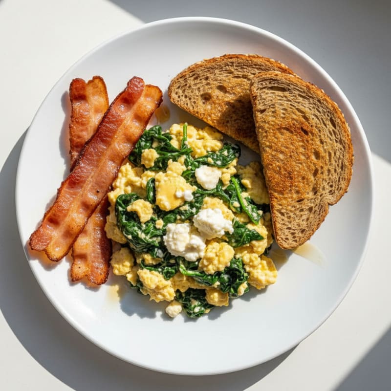 Cottage Cheese Egg Scramble with Spinach and Turkey Bacon