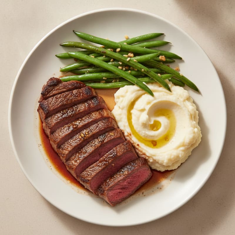 Seared Steak with Garlic Green Beans and Mashed Cauliflower