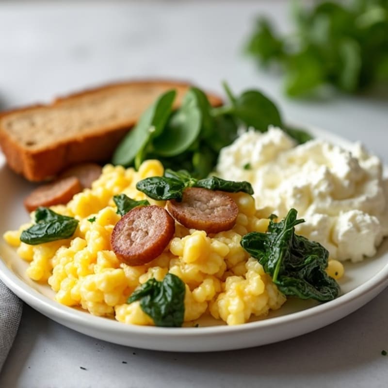 Egg White and Turkey Sausage Scramble with Spinach and Cottage Cheese