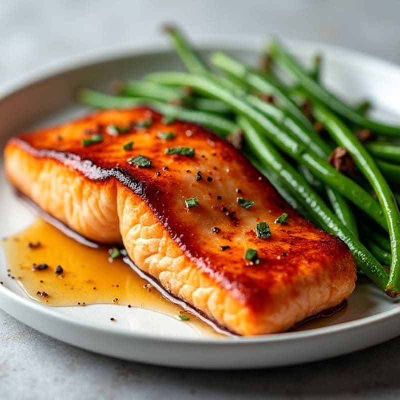Maple-Glazed Salmon with Roasted Sweet Potatoes and Crispy Green Beans