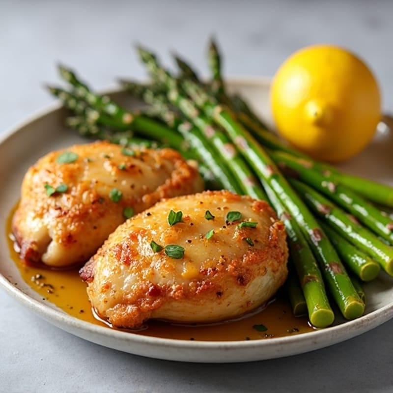 Crispy Lemon Garlic Roasted Chicken Thighs with Roasted Asparagus