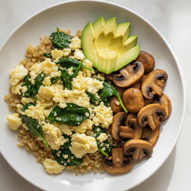 Egg White and Spinach Scramble with Quinoa and Sautéed Mushrooms