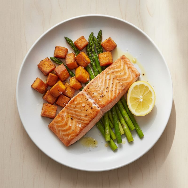 Seared Salmon Fillet with Roasted Sweet Potato and Asparagus