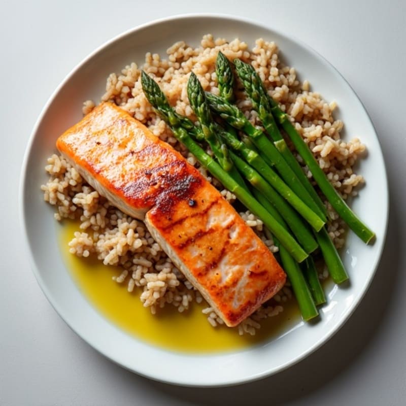 Seared Salmon with Steamed Asparagus and Brown Rice