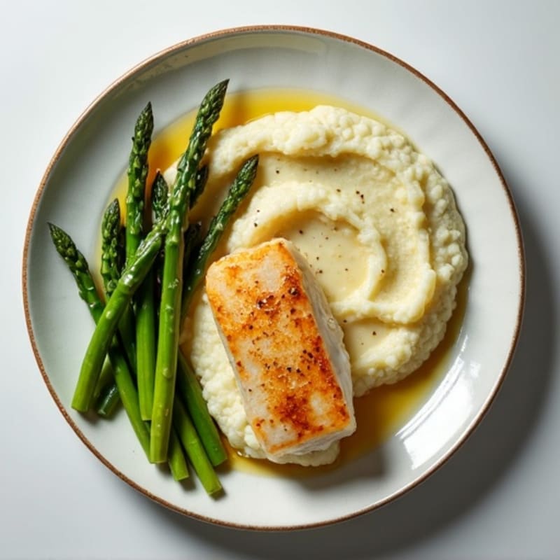 Seared White Fish with Steamed Asparagus and Cauliflower Mash