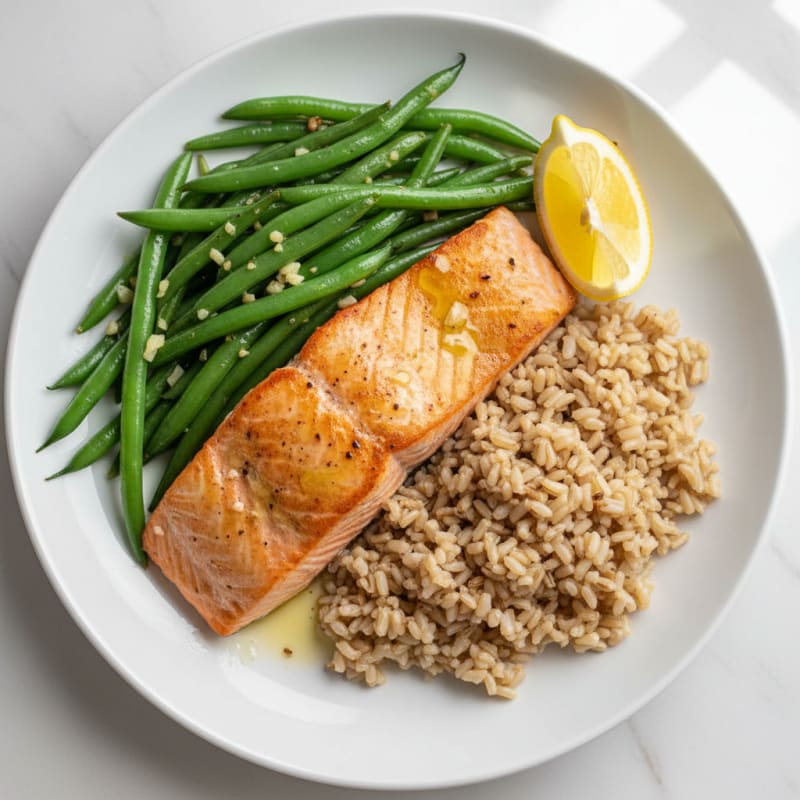 Seared Salmon with Garlic Green Beans and Brown Rice