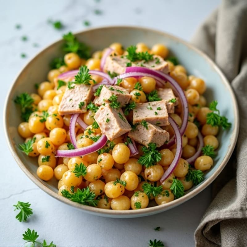 Flaky Tuna Chickpea Pasta Salad with Red Onion and Fresh Herbs