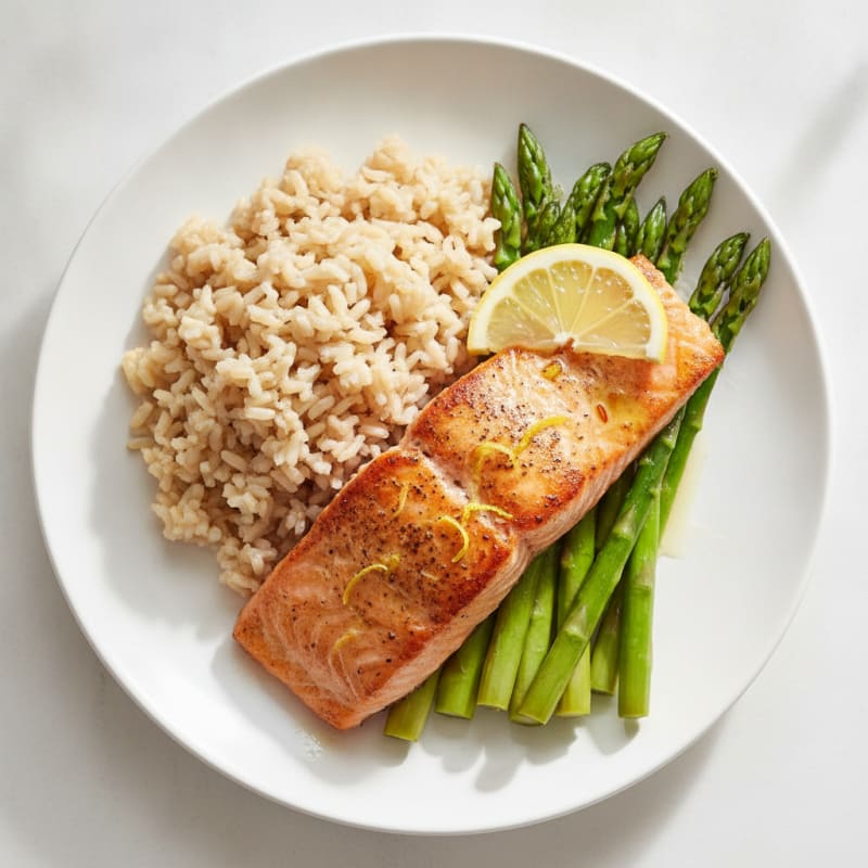Seared Salmon Fillet with Steamed Asparagus and Brown Rice