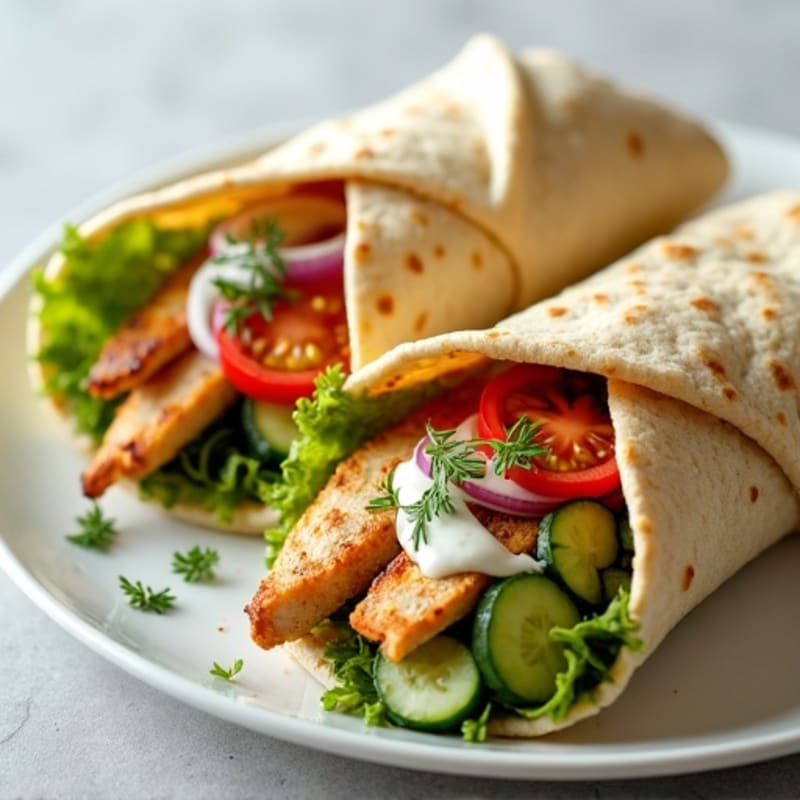 Lemon-Garlic Pan-Seared Chicken Pita Wraps with Creamy Tzatziki and Fresh Veggies